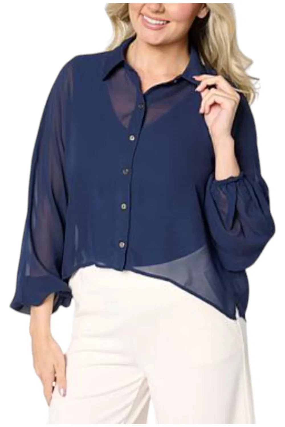 Colleen Lopez Women’s Button Front Dolman-Sleeve Top Navy