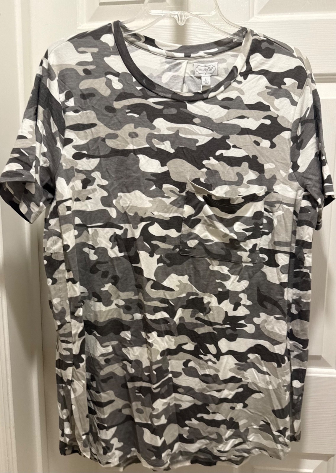 Mud Pie women’s L Large Rae jersey top tunic shirt black gray white camo NWT