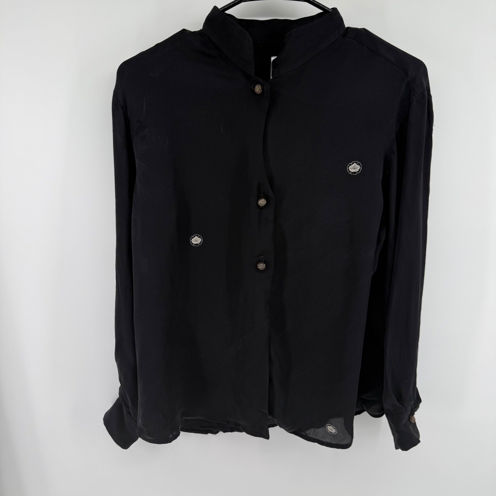 Max & Mabel Womens Black 100% Silk Mandarin Collar Embroidered Blouse Medium