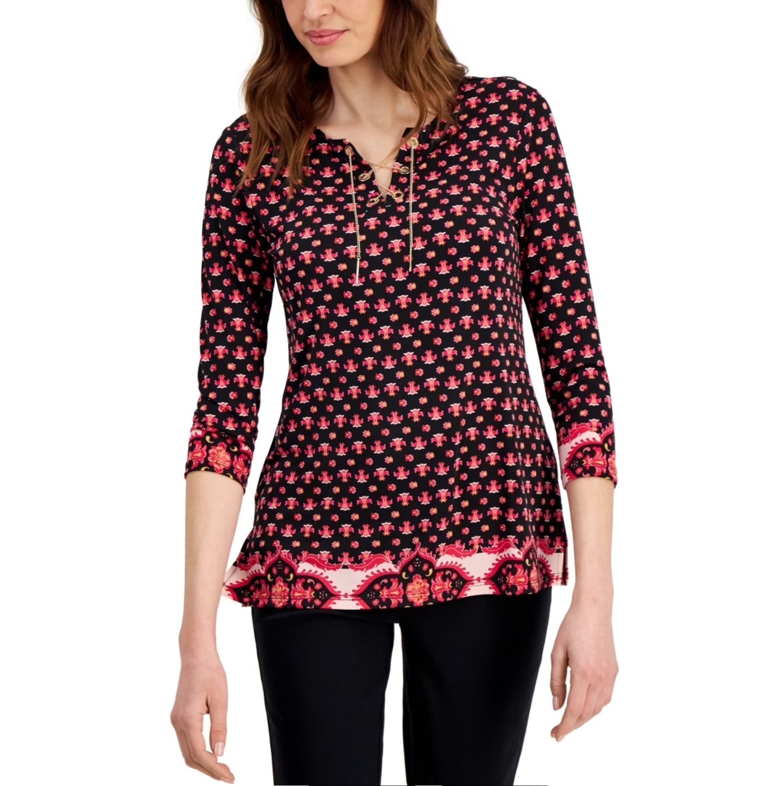 JM Collection Womens M Black Pink Combo Chain 3/4 Sleeves Blouse Top NWT BM51