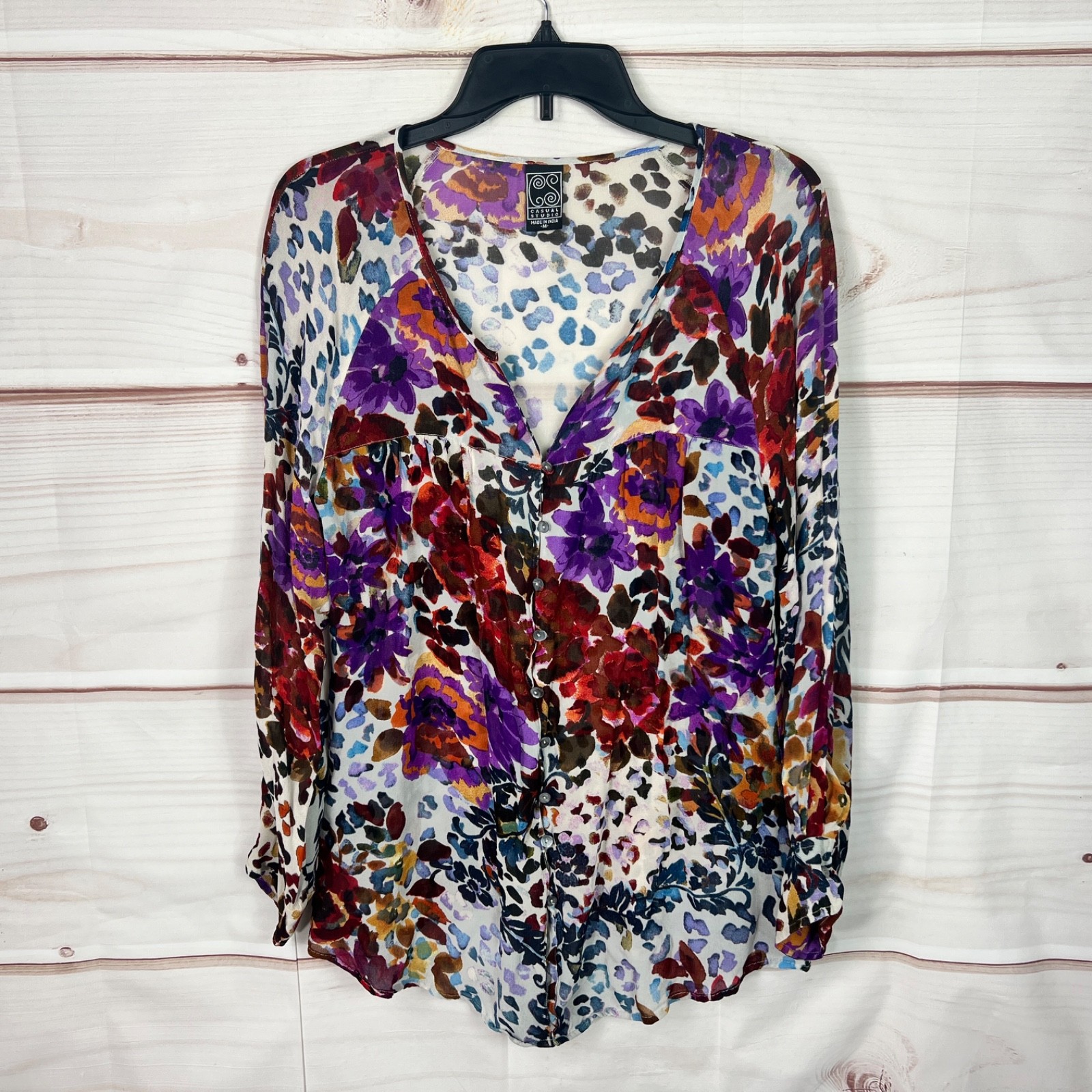 Casual Studio Top Women Medium Colorful Floral Blouse Artsy Button Up Semi Sheer