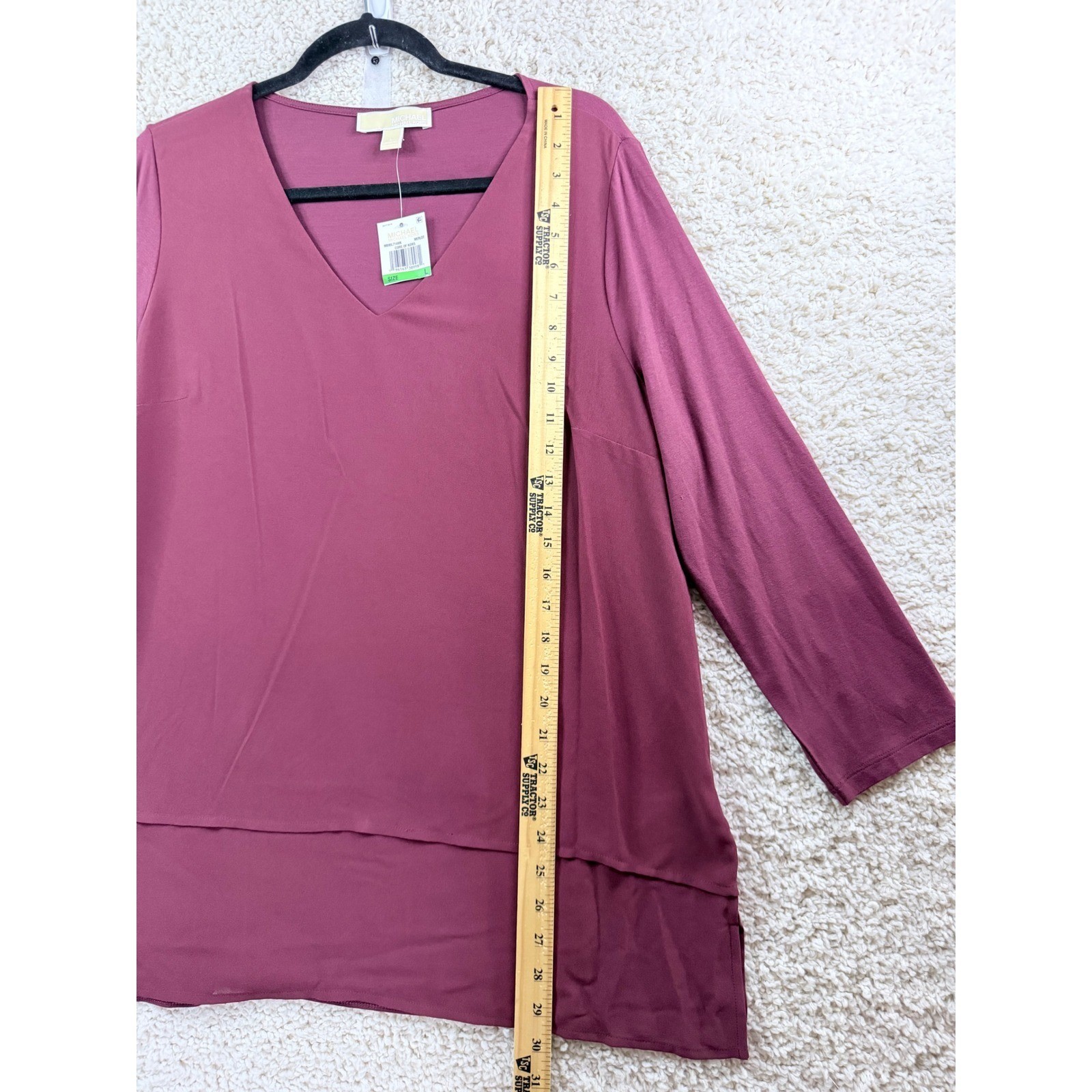 Michael Kors V-Neck Blouse Womens Large Merlot New Layered Hem MB95L714WK