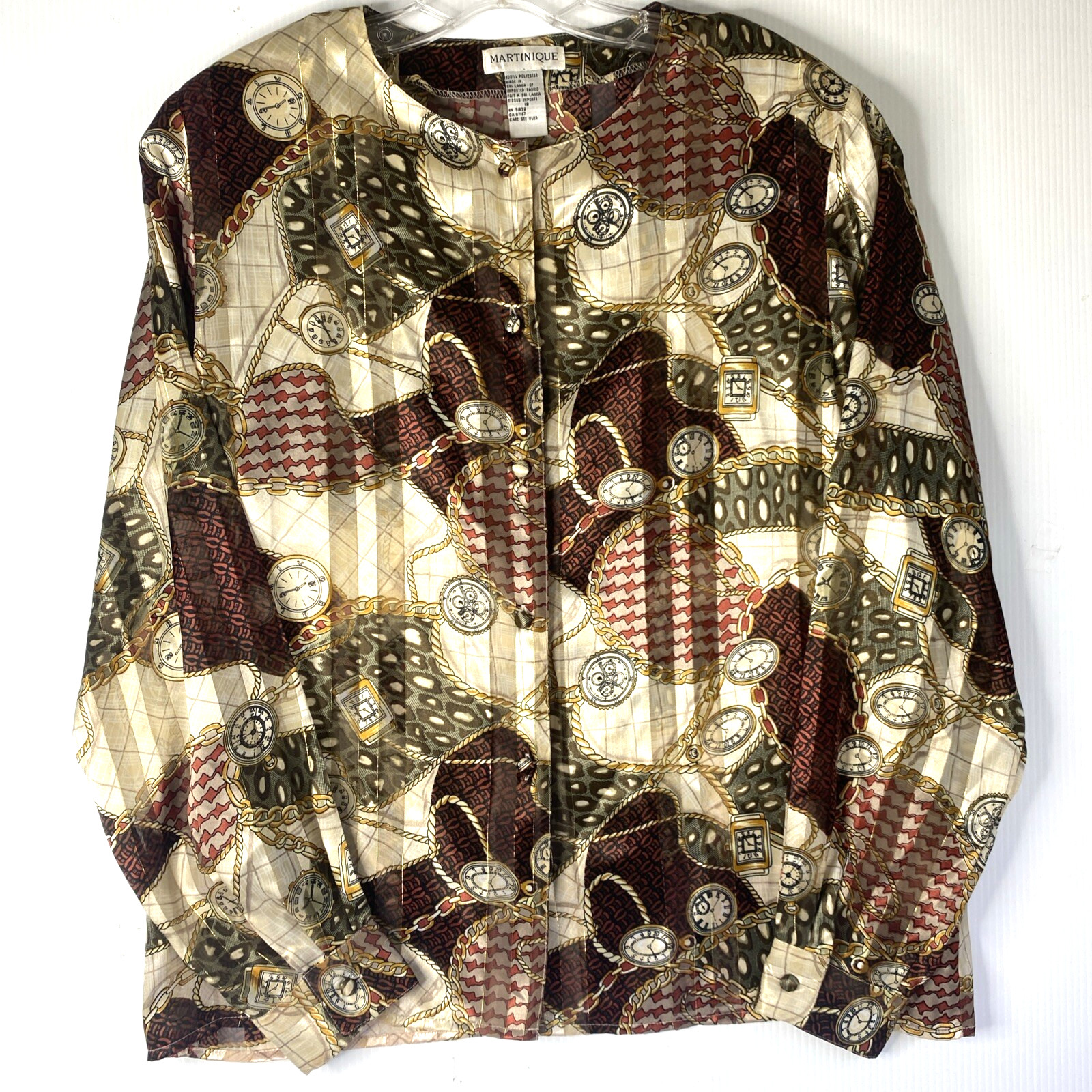Martinique Blouse Woman Size 12 Gold Brown Red Silky Poly Print Button Front
