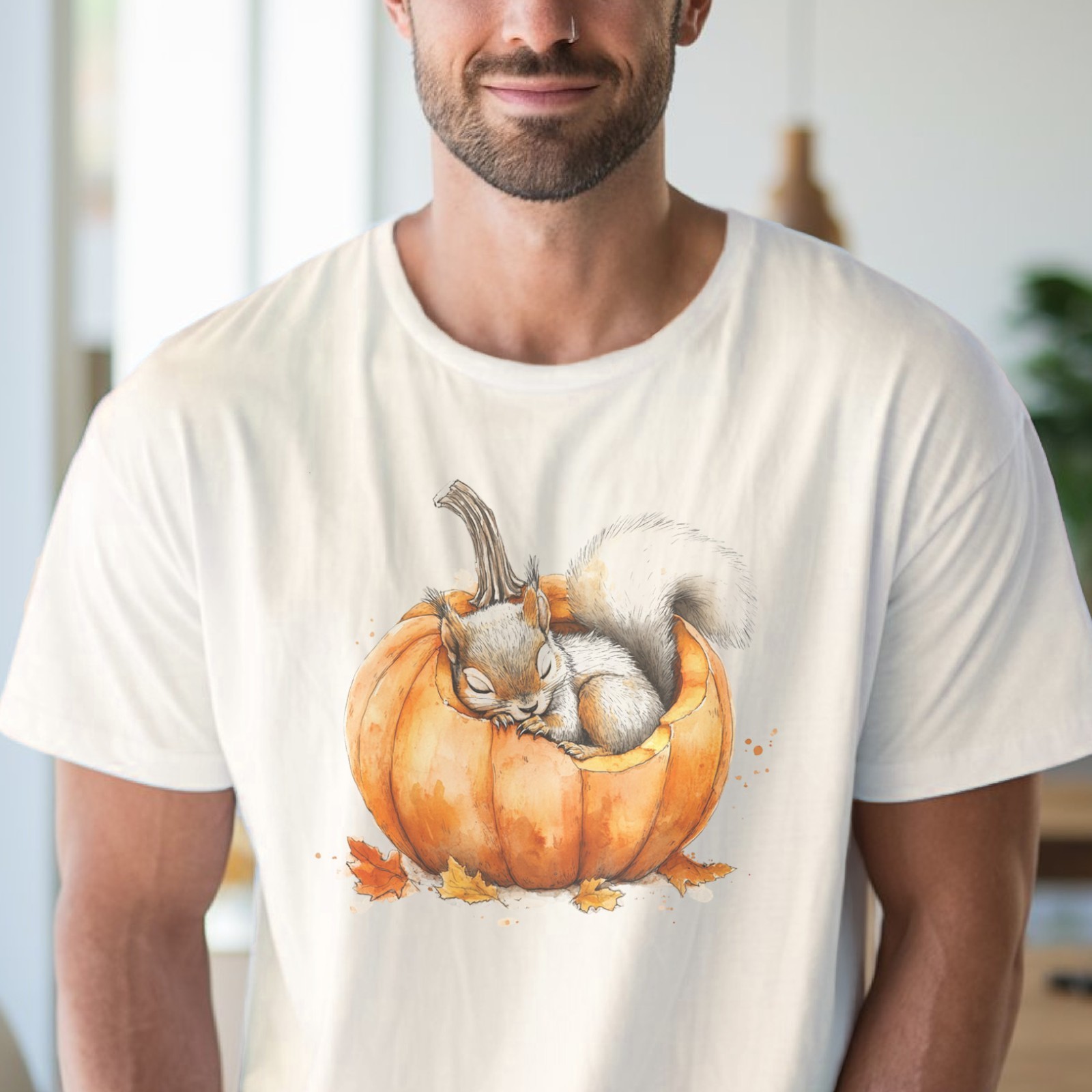 Sleeping Squirrel Pumpkin Shirt Fall Animal Graphic Tee Autumn Leaves Shirt
