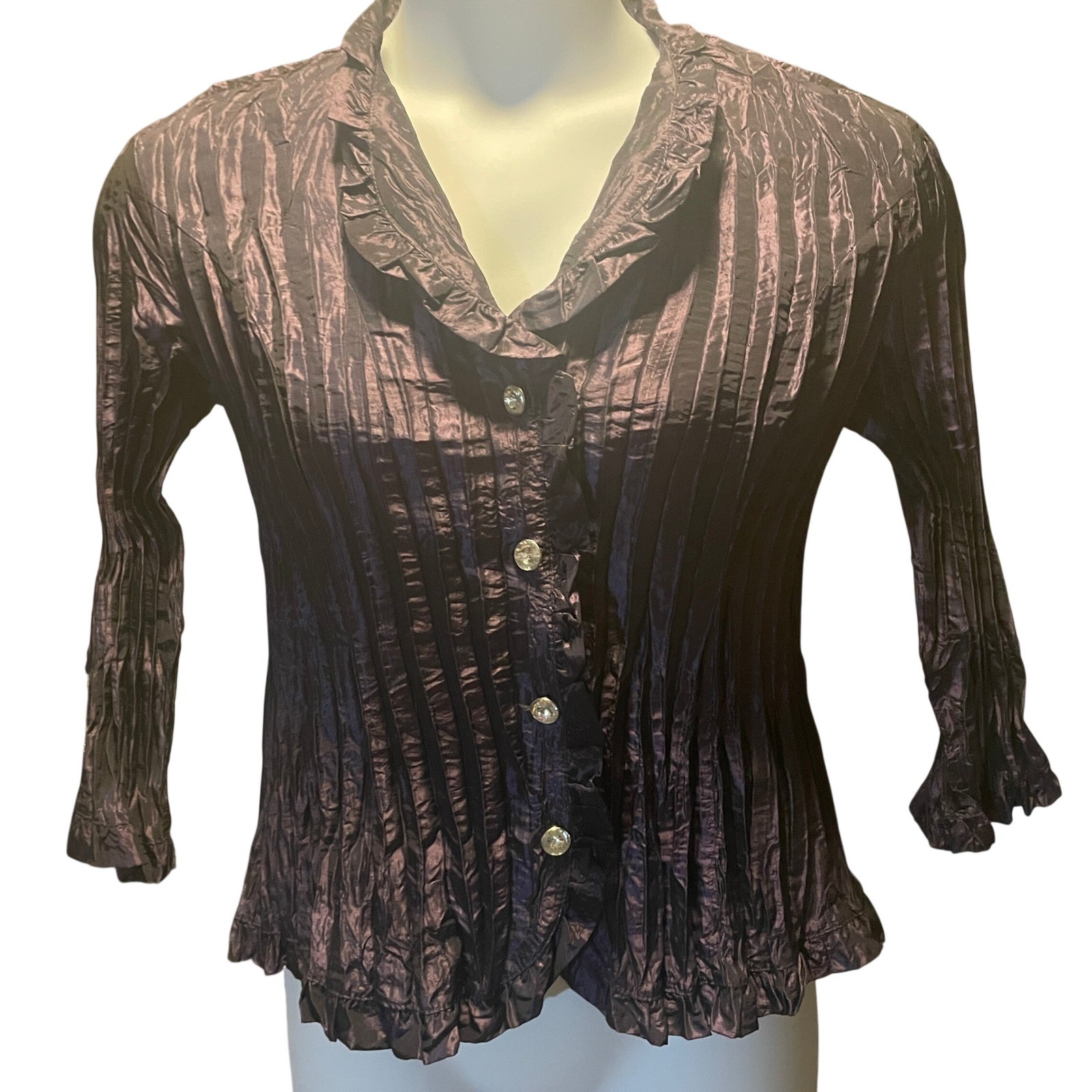 Women VTG Y2K Victorian Whimsigoth Crinkle Rhinestone Button Top Large Steampunk