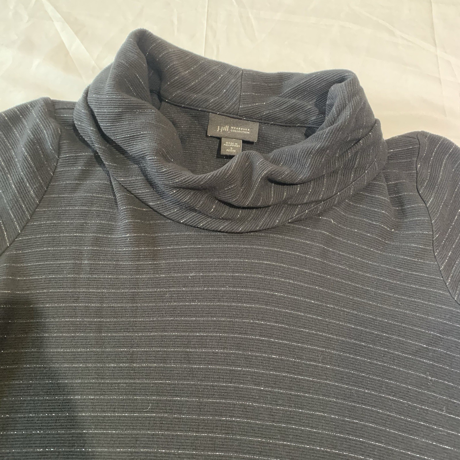 J Jill Womens Black Glitter Stripe Turtleneck Shirt Petite Small Rayon Lycra