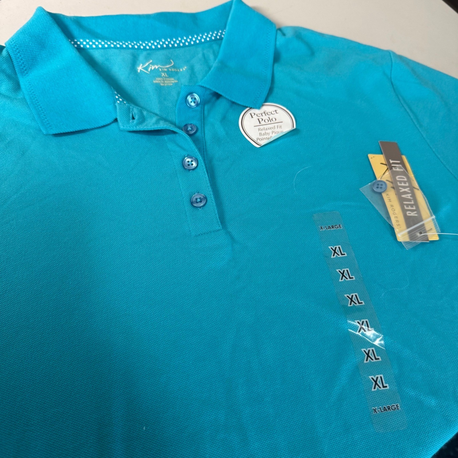 Kim Rogers Perfect Polo Womens XL Turquoise Blue Relaxed Fit Cotton Pique Shirt