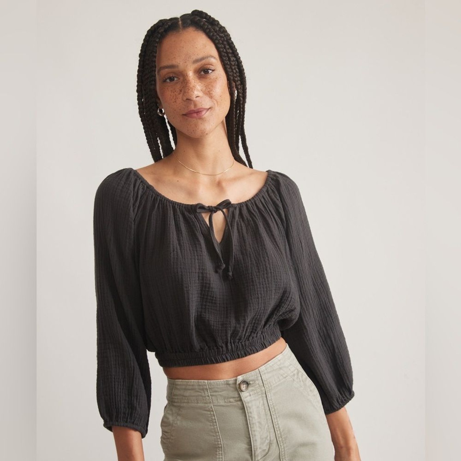NEW Marine Layer Tiana Double Cloth Cropped Cotton Blouse Medium Long Sleeve