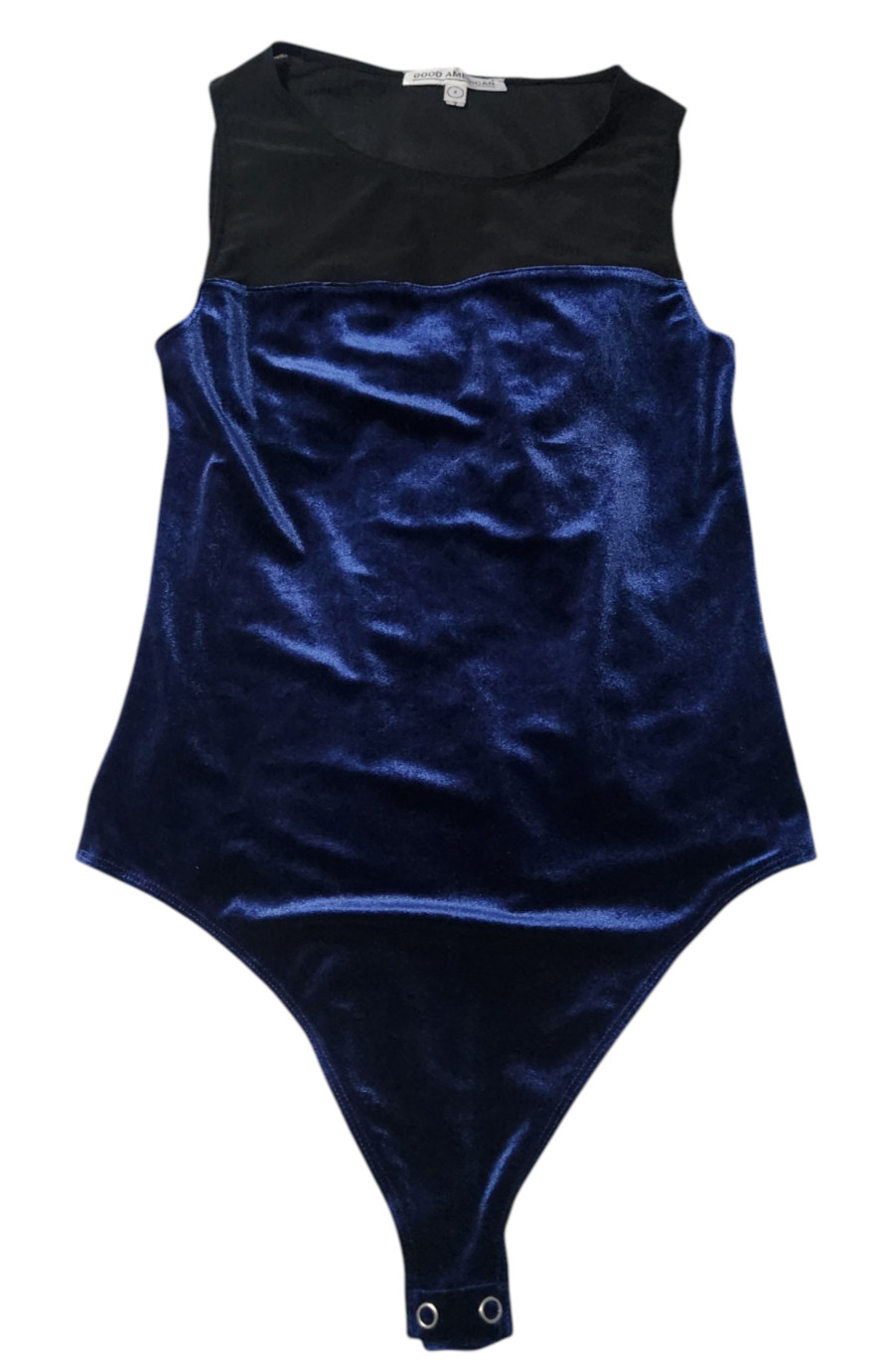 Good American Womens Size 3 Navy Velour Thong Bodysuit Black Mesh Colorblock
