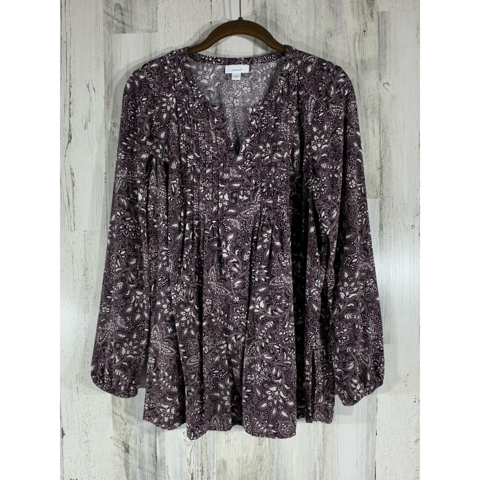 PureJill by J Jill Blouse Top Size Small Dark Plum Floral Notch Neck Pleated