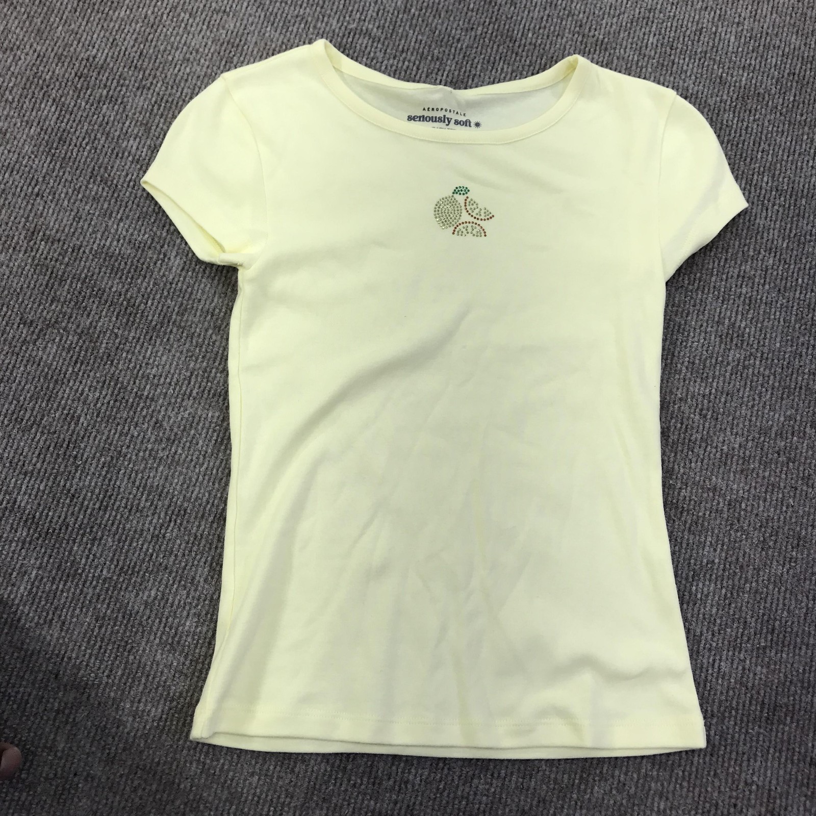 Aeropostale Shirt Teens Small Yellow Seriously Soft Baby Tee Rhinestone Fruit