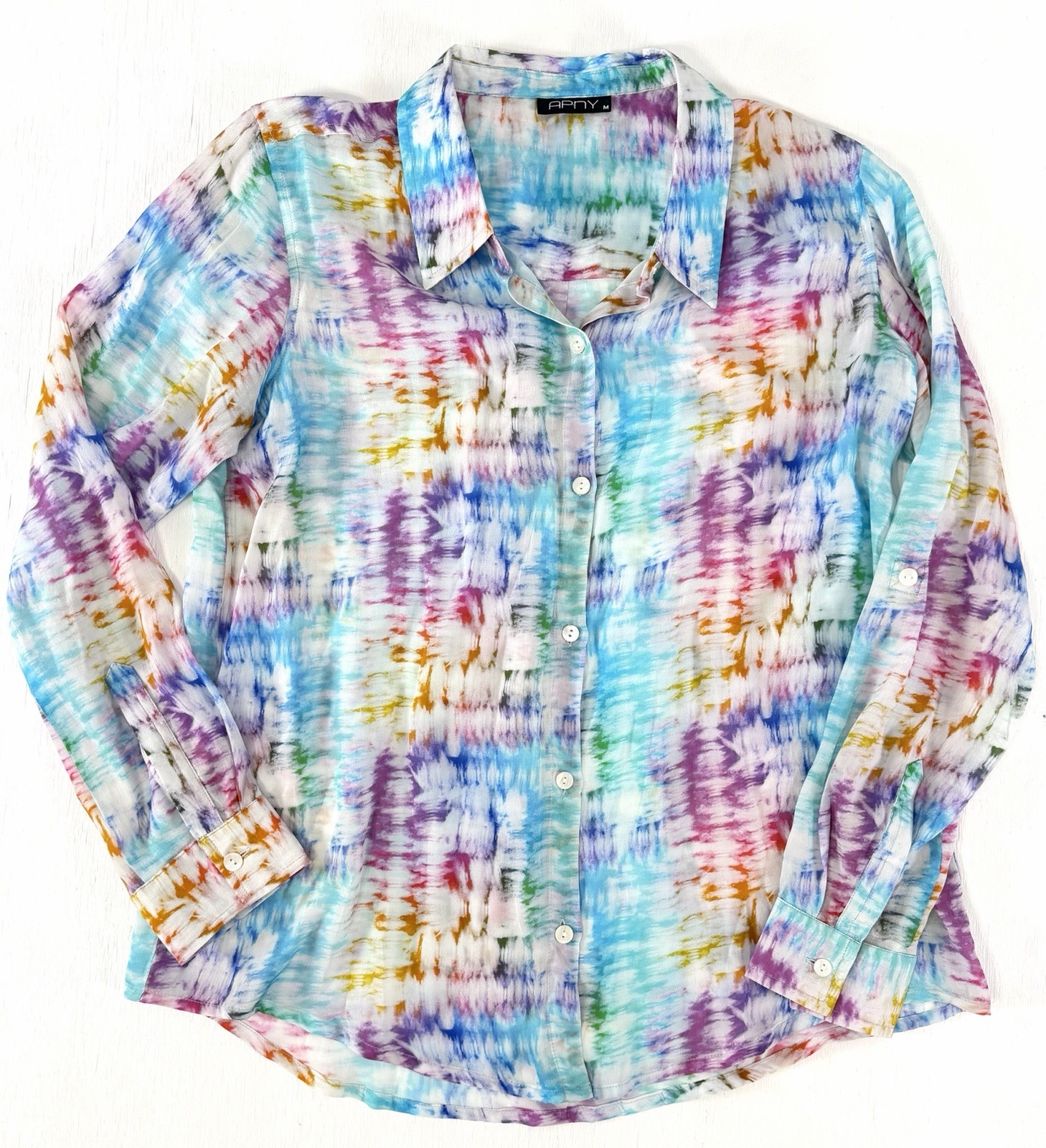 APNY Button-up W/ Roll-up Sleeve Shirt Women’s Size M Rainbow Tie Dye Top Blouse