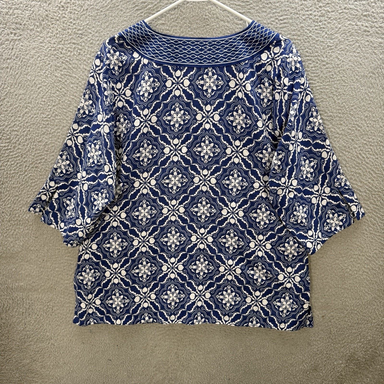 Tweeds Shirt Womens 1X Blue White Geometric Embroidered Linen Blend Coastal