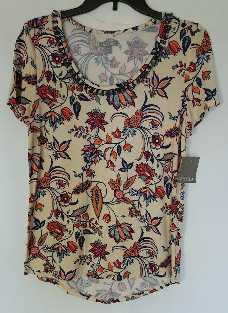 Falls Creek Floral Print Tee Beige/Multicolor Size S New With Tags