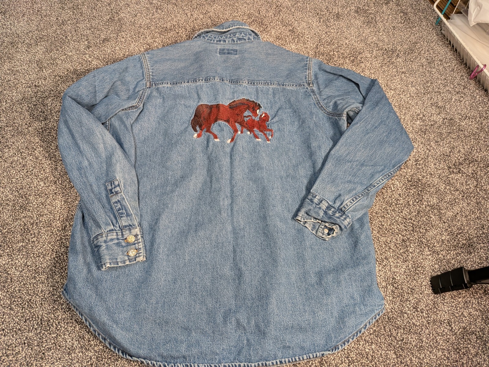 Vintage 90s Embroidered Denim Button Up Shirt Horse Boots Cowboy Western Large