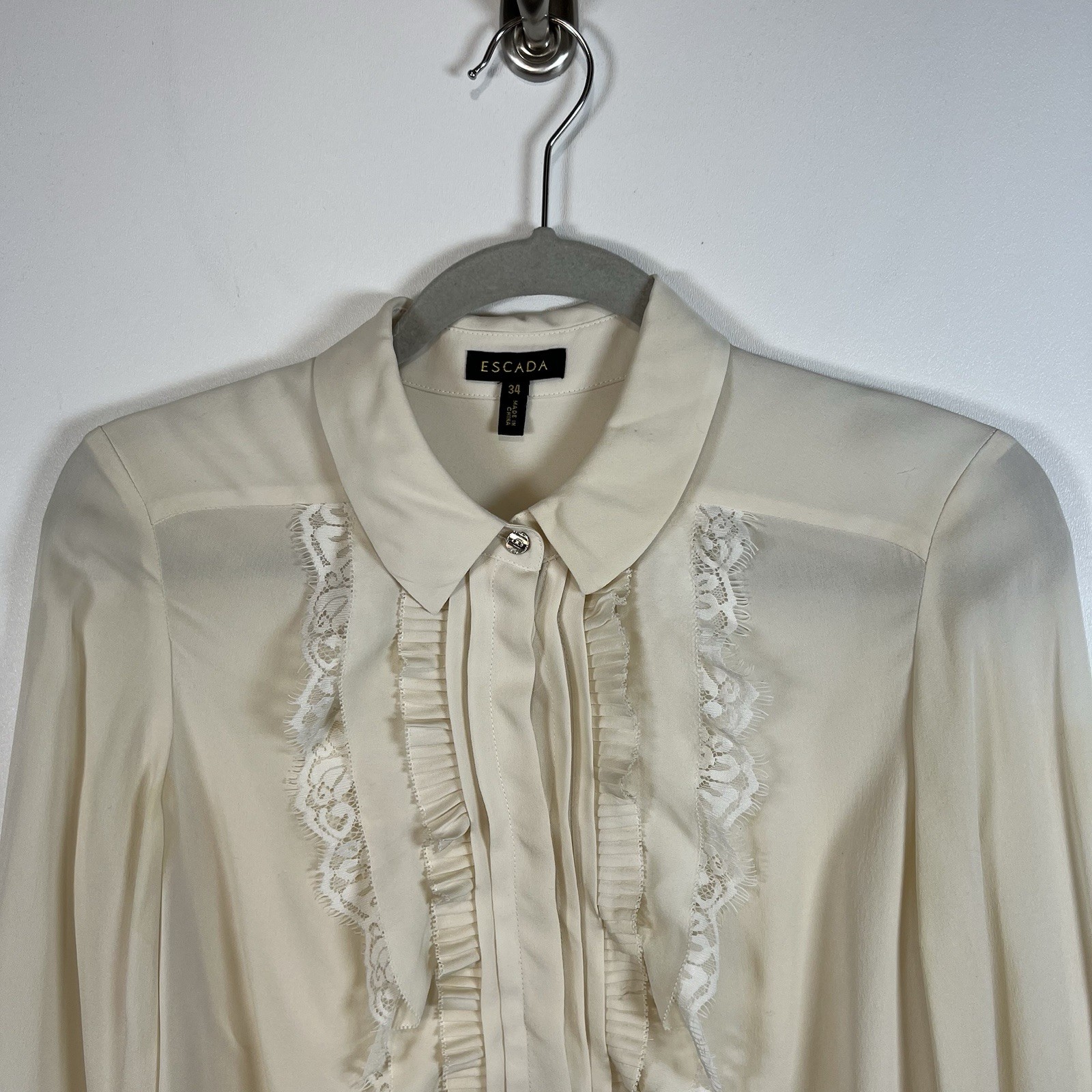Escada Cream Pleated Ruffle Lace Silk Blouse Women’s Size 34/small Designer