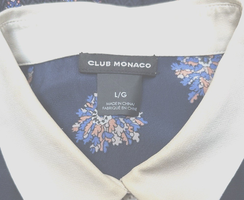 Club Monaco Collection Silk Blouse Size L Navy Print