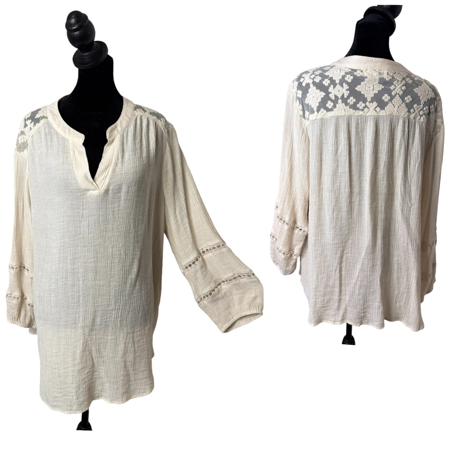 BOHO Cottagecore Lace Crochet Crinkle Gauze Peasant Tunic Top Womens 1X Ethereal