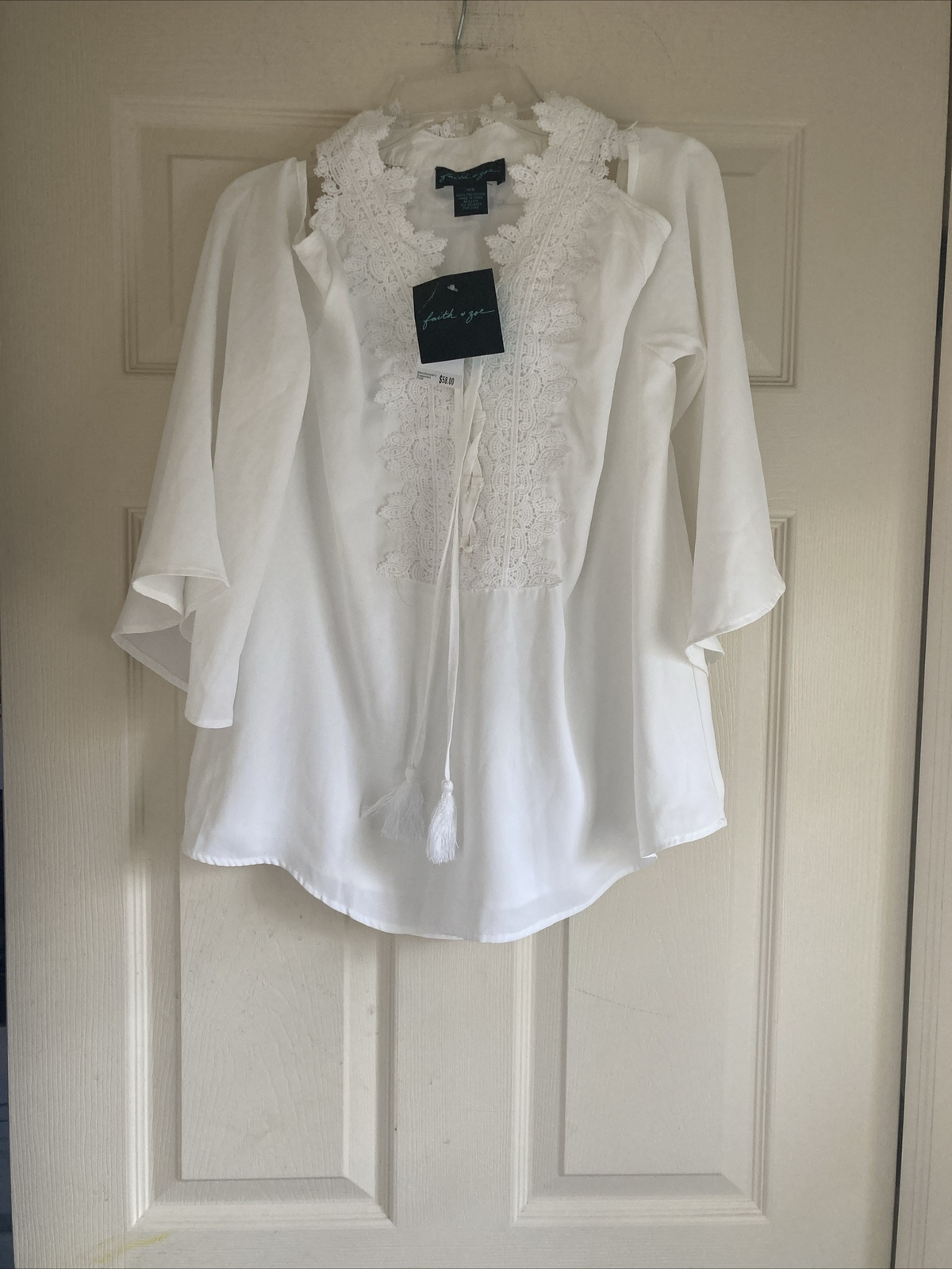 Fancy Faith & Zoe Open Shoulder Blouse White Sheer Lined, Lace&Lace Up, XS