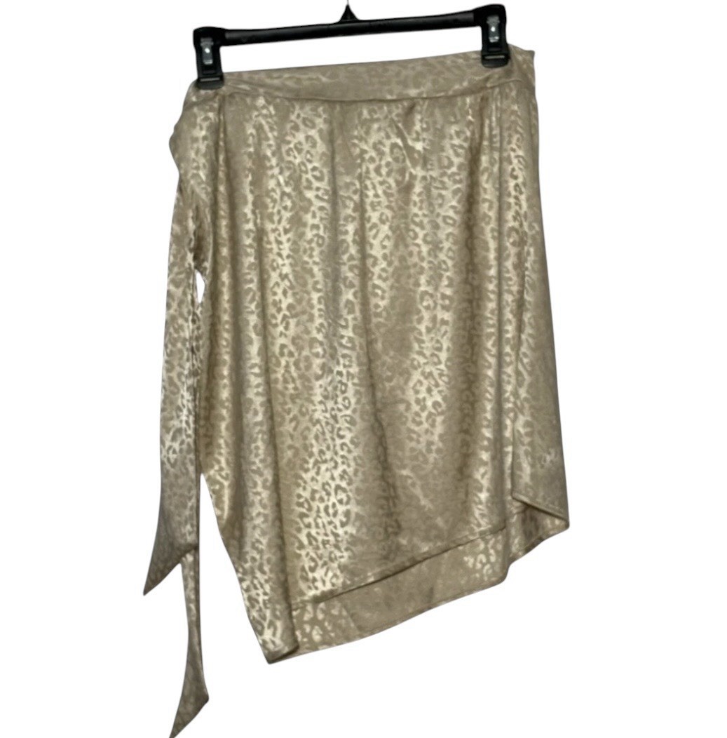 Pixi & Ivy Leopard Satin One Shoulder Tie Blouse Size S Champagne Jacquard NWT