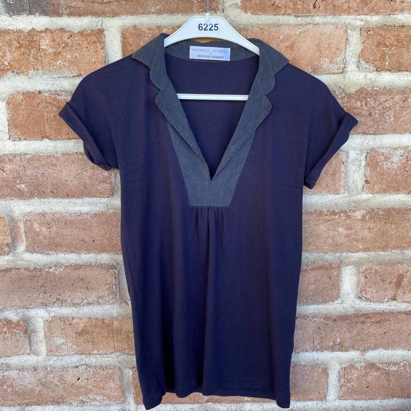 Brunello Cucinelli Shirt Tunic Womens L Blue V-Neck Pleated Cotton Blend Italy