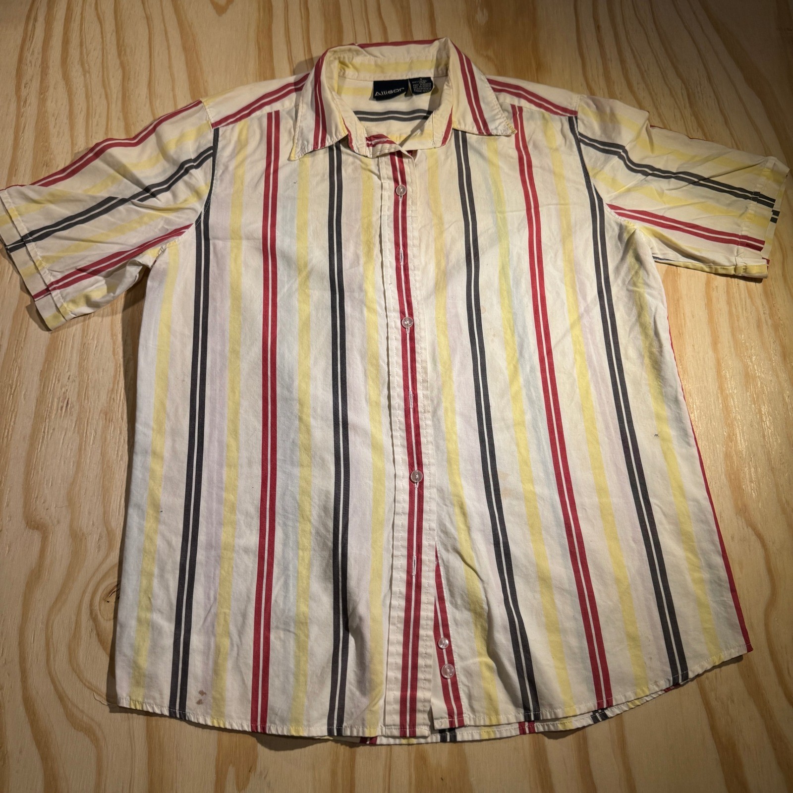 Allison & Co Women’s Vintage Striped Short Sleeve Button Up Shirt Yellow Red S