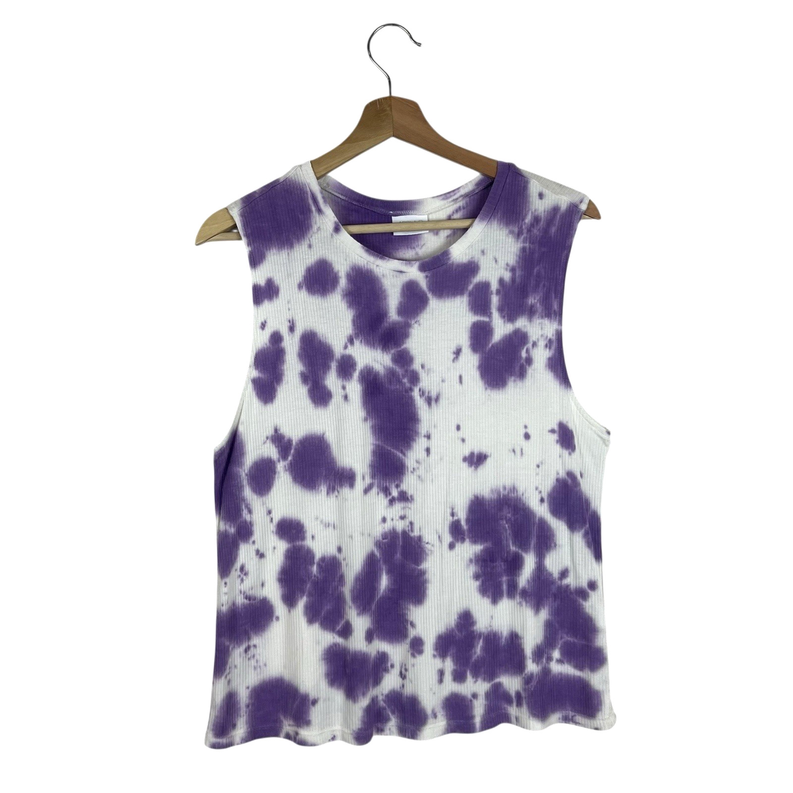 Abound Tank Top Size Medium Purple White Tie Dye Ribbed Jersey Knit Sleeveless