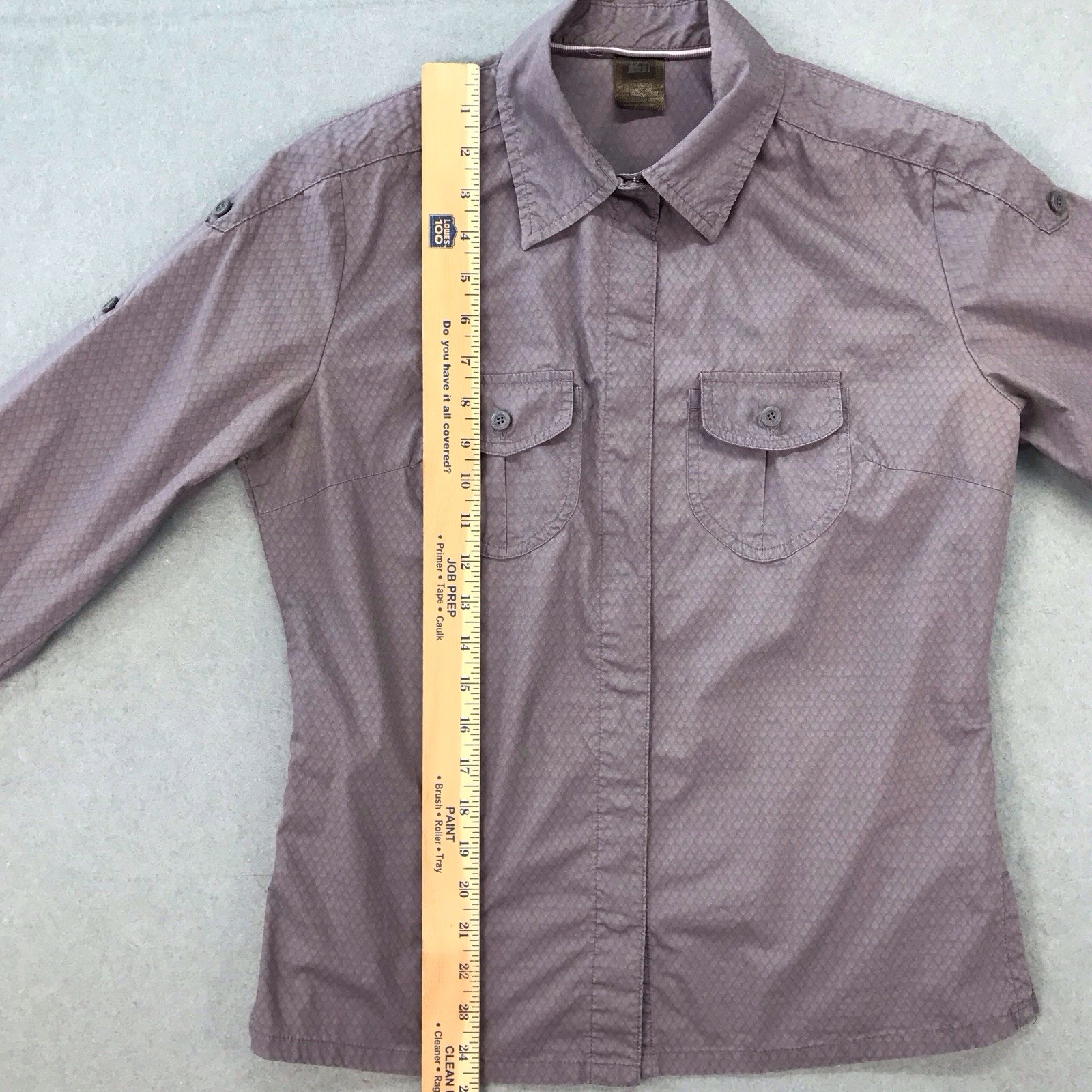 REI Top Womens M Purple Gorpcore Hiking Shirt Roll Tabs Zip Pocket Outdoor