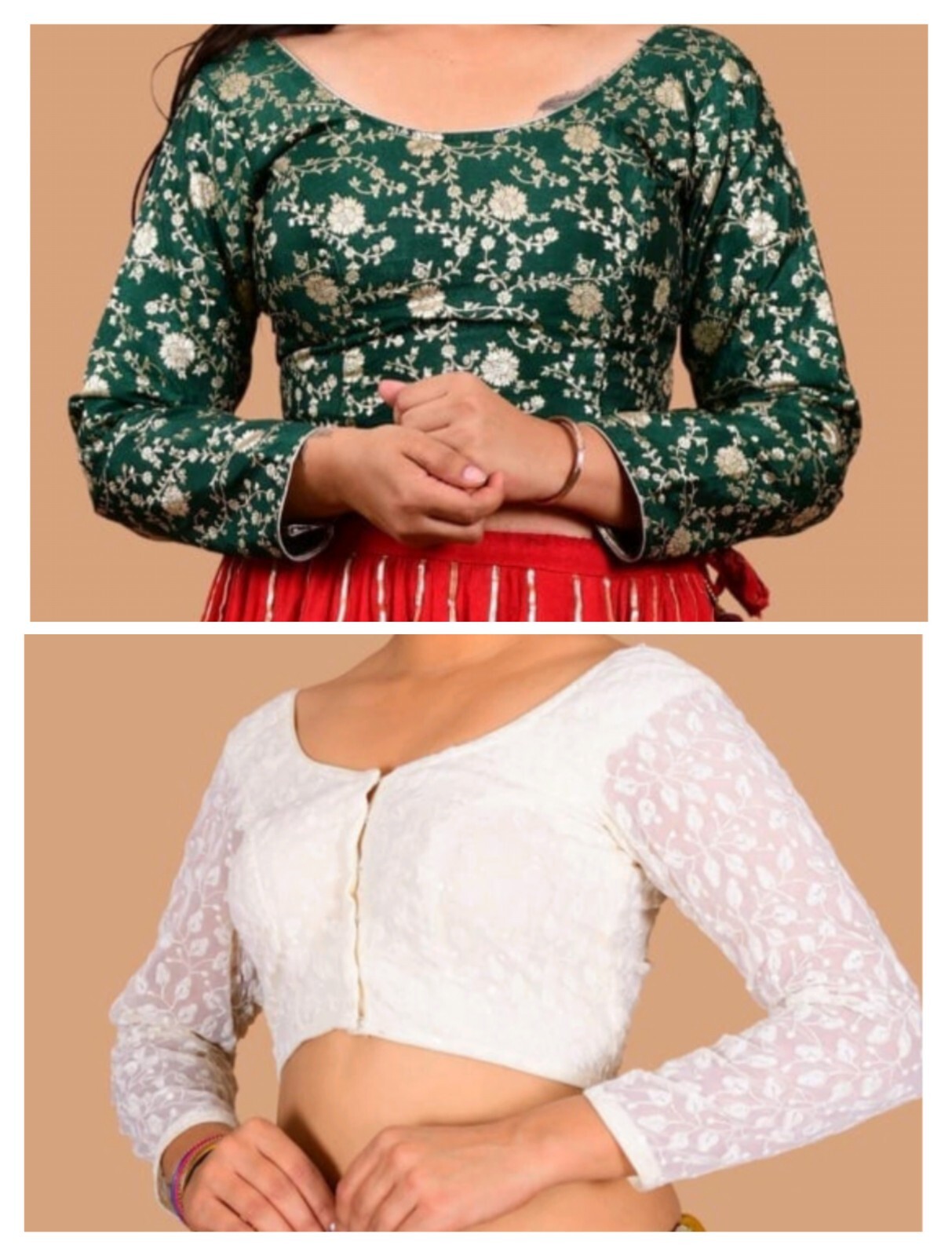 Pack Of Green Banarsi Brocade With White Chickenkari Combo Sare Blouse ,Sari Top