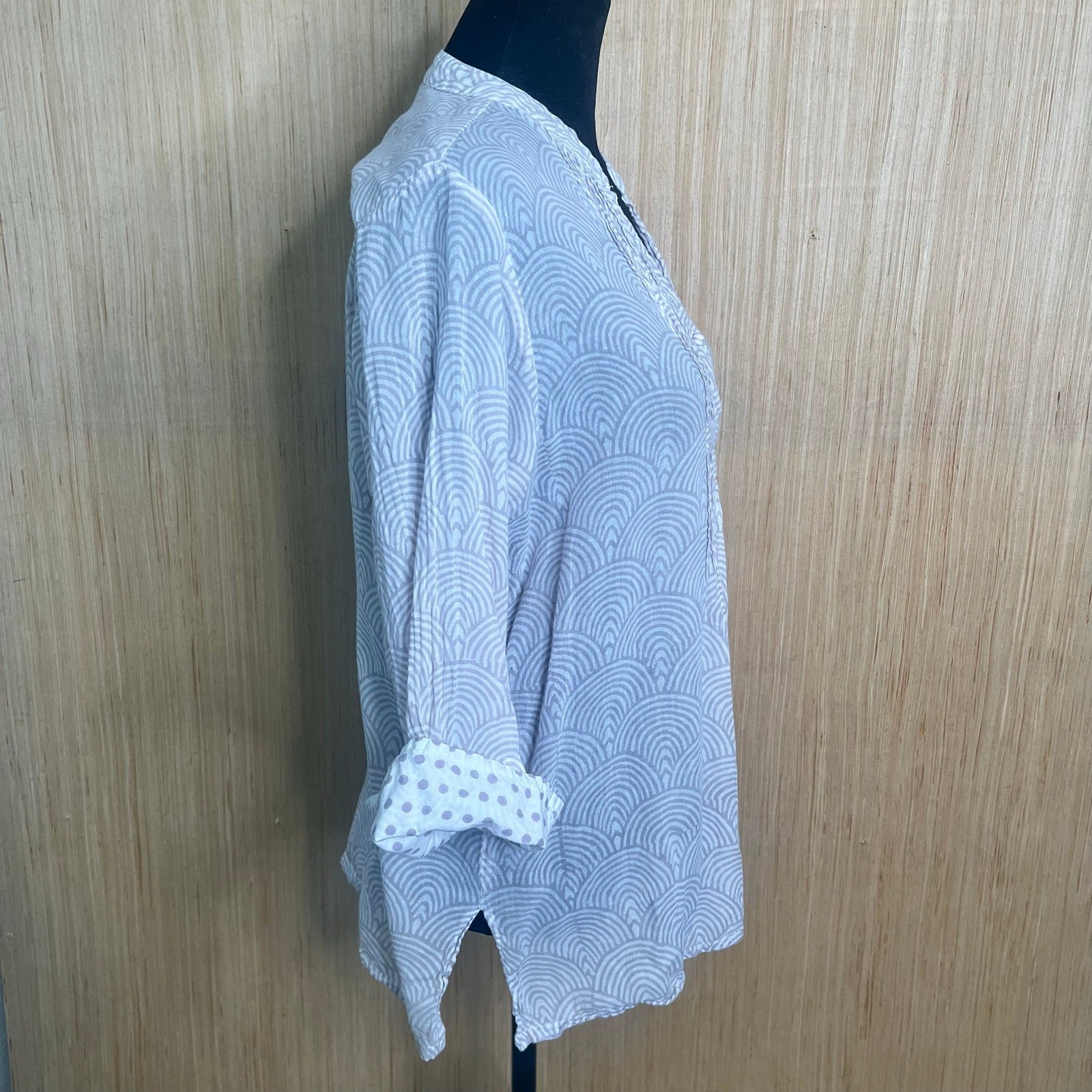 Oliphant 100% Cotton Shirt Neutral Print Pleated Notch Collar 3/4 Sleeve Size L