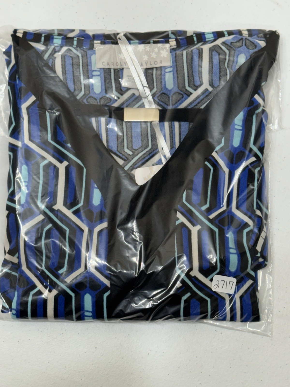 Carolyn Taylor Women’s Black & Blue Geometric Print 3/4 Sleeve Stretch Blouse M