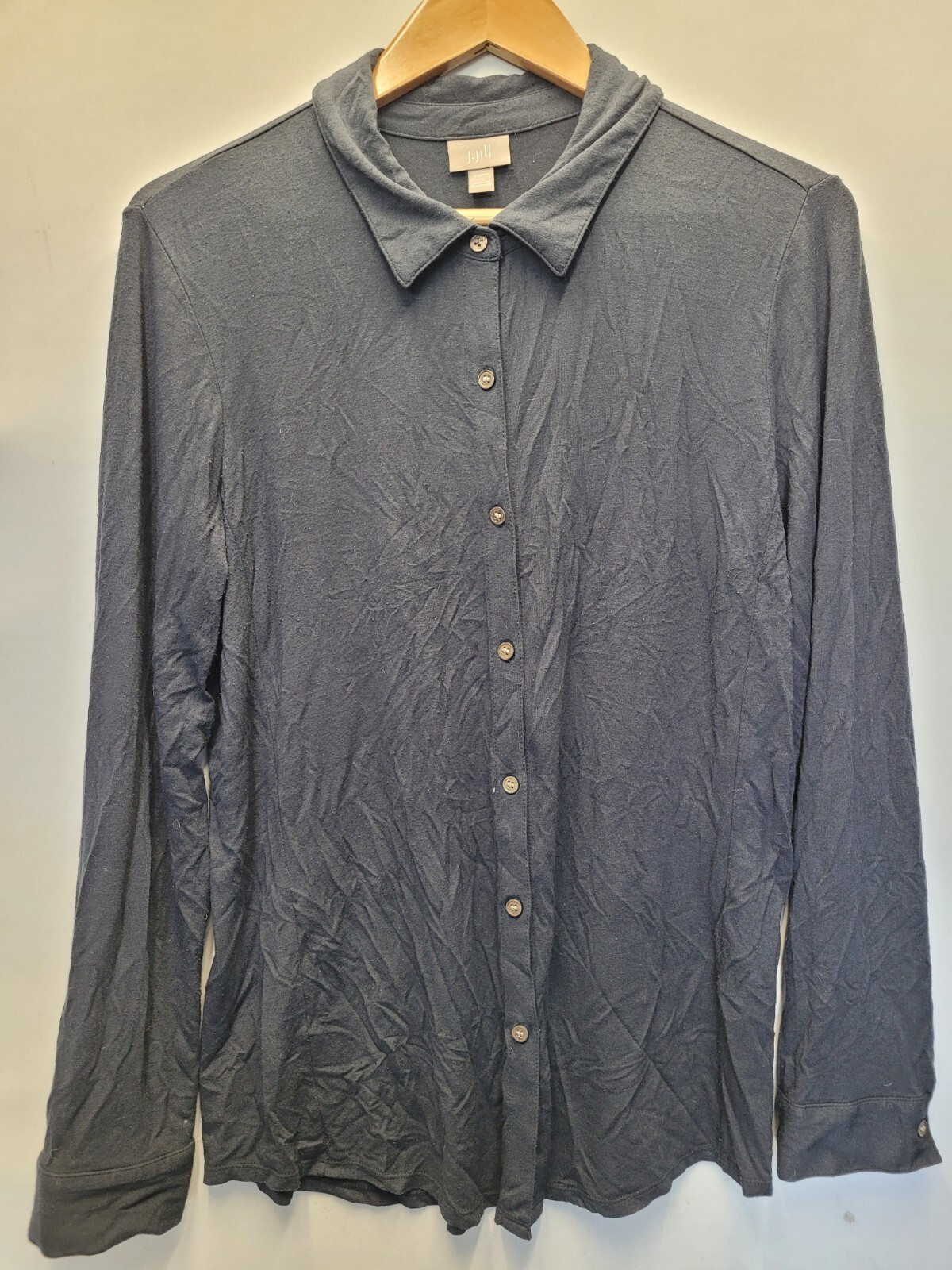 J Jill Stretch Button Up Shirt Womens Large Grey Rayon Lycra Spandex 2492