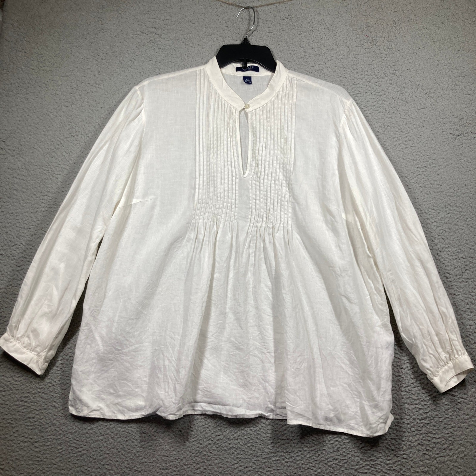 Chaps Linen Pintuck Blouse Women 2X White Long Sleeve Mandarin Keyhole Top