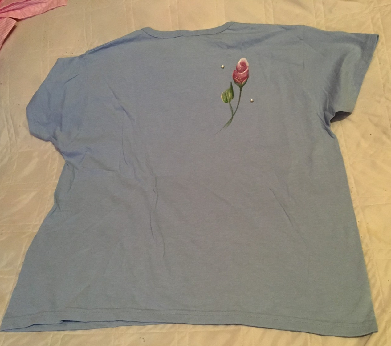 Jerzees blue cotton/poly tee, handpainted rose, crystals, woman’s size XL