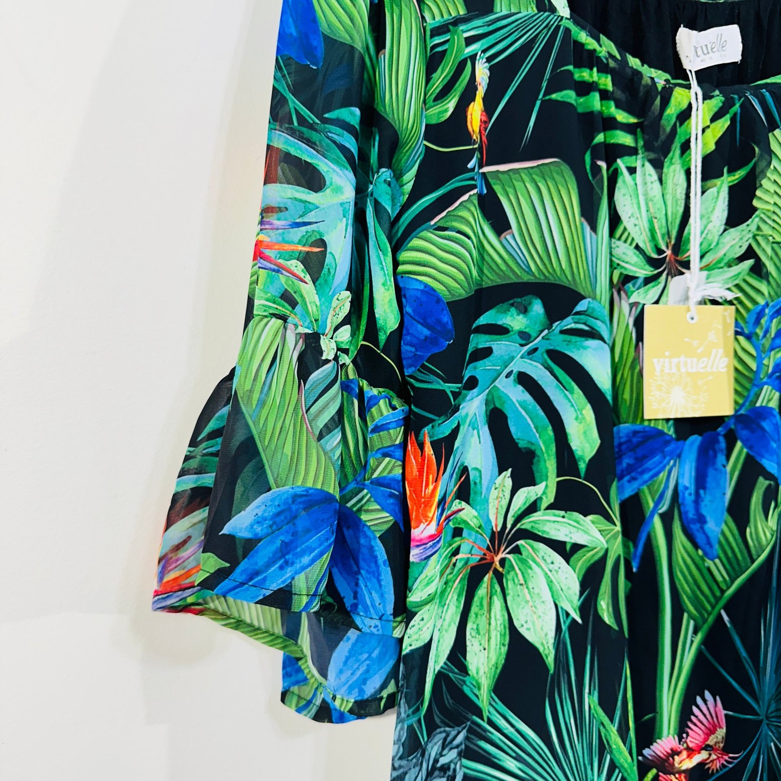 Virtuelle Blouse Top 14 Black Green Blue Birds Tropical Print Bell Sleeve Ruffle