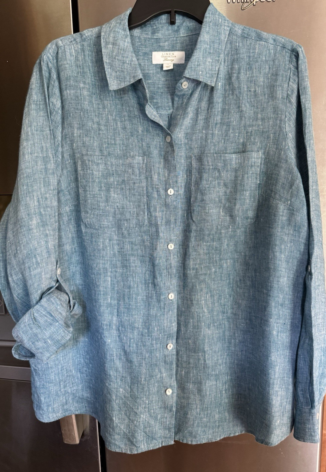 New No Tag Charter Club Luxury Women Linen Roll-tab Sleev Button Blue Shirt Sz L