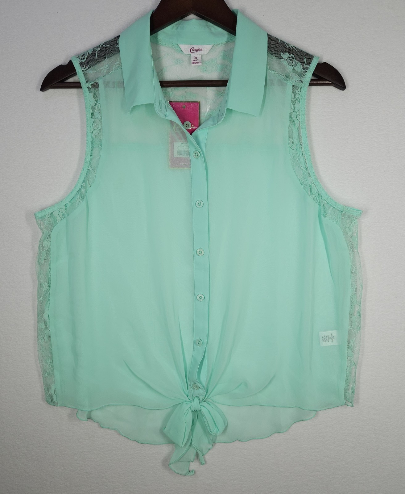 Candie’s Women’s Tie Front Sleeveless Lace Back Blouse Size XL Sea Green