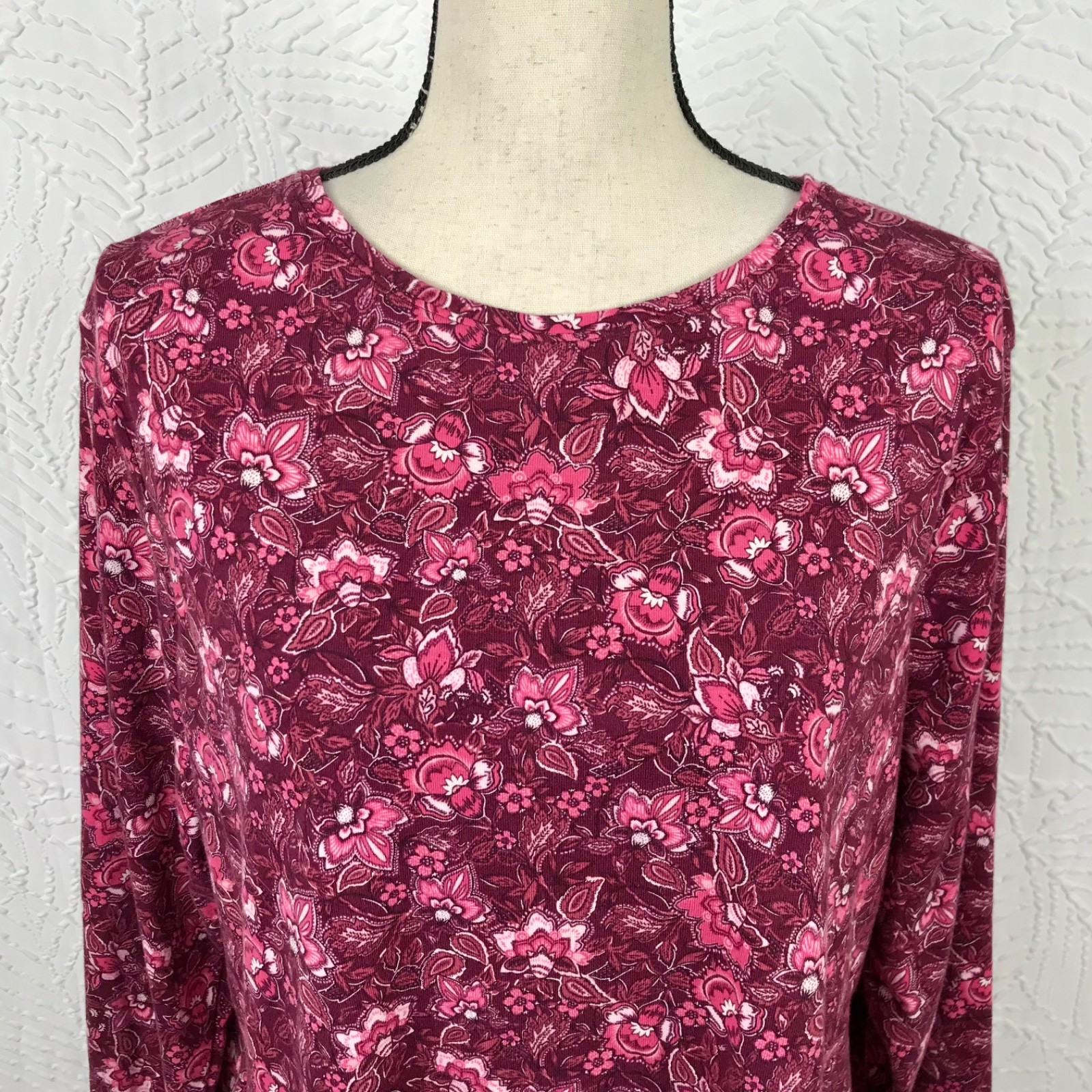 Croft & Barrow Classic Top Tee Shirt XXL Burgundy Floral Long Sleeve Cotton