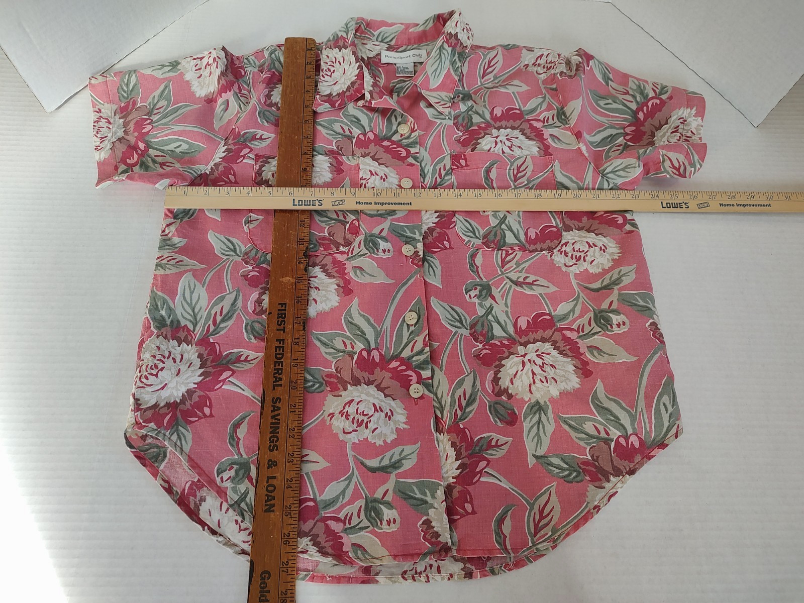 Vintage 90s Paris Sport Club Shirt Top Womens Sz Lg Pink Red Floral Tropical