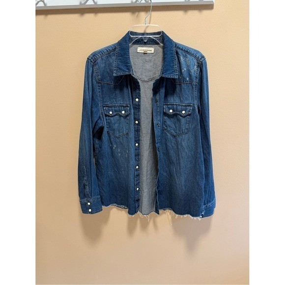 Lucky Brand Denim Western Shirt Snap Button Contrast Stitch Star Embroidery Lg