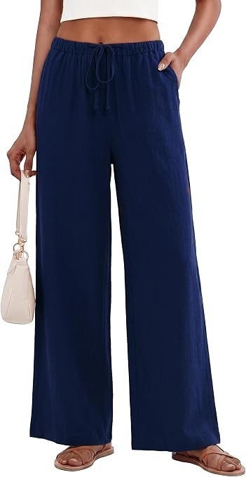 HONGTEYA Wide Leg Linen Pants Pockets High Waist Drawstring Loose Palazzo NEW
