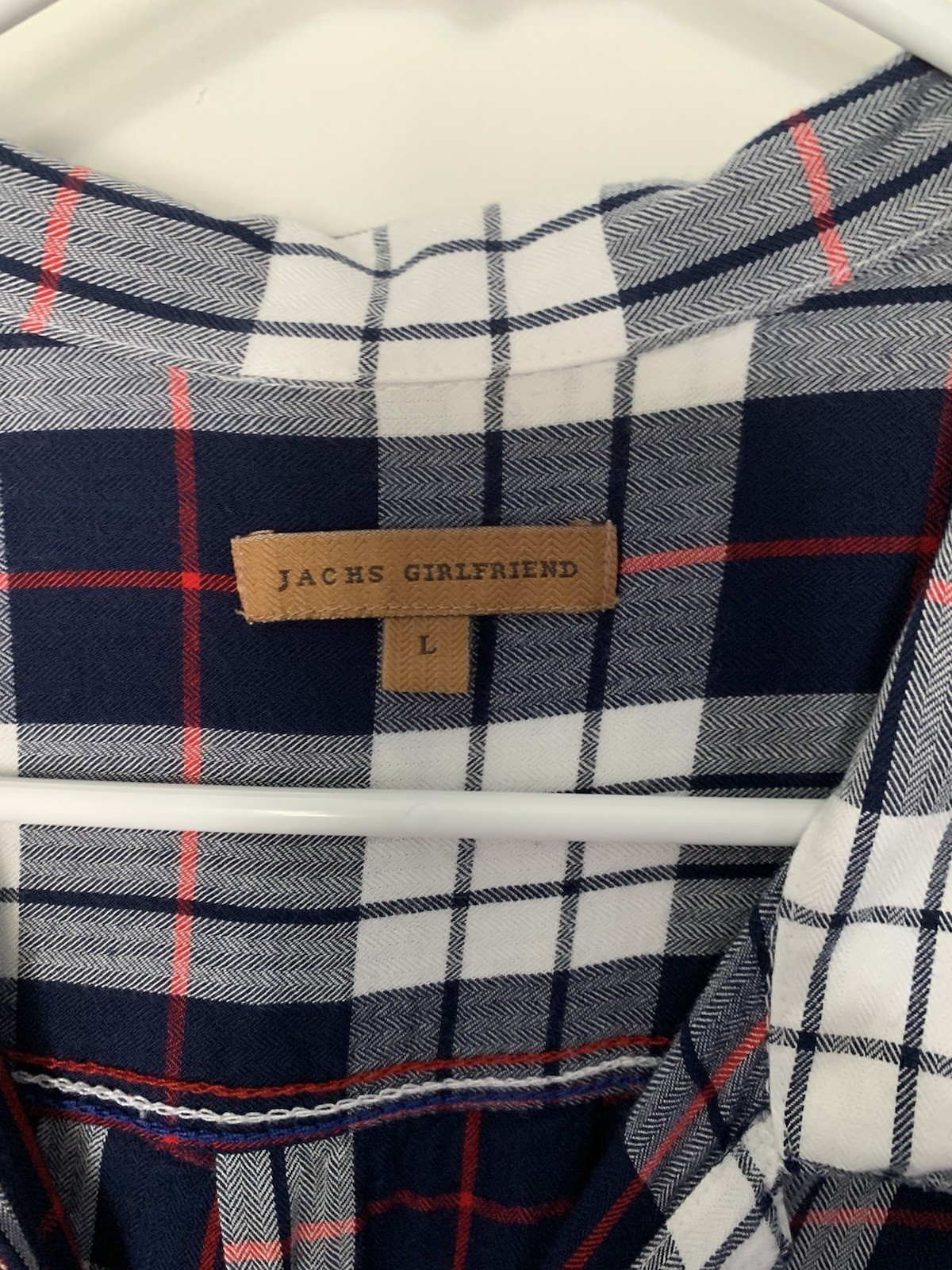 JACHS GIRLFRIEND Women’s L Plaid Button-Up Collared Short Sleeve Blouse Pockets