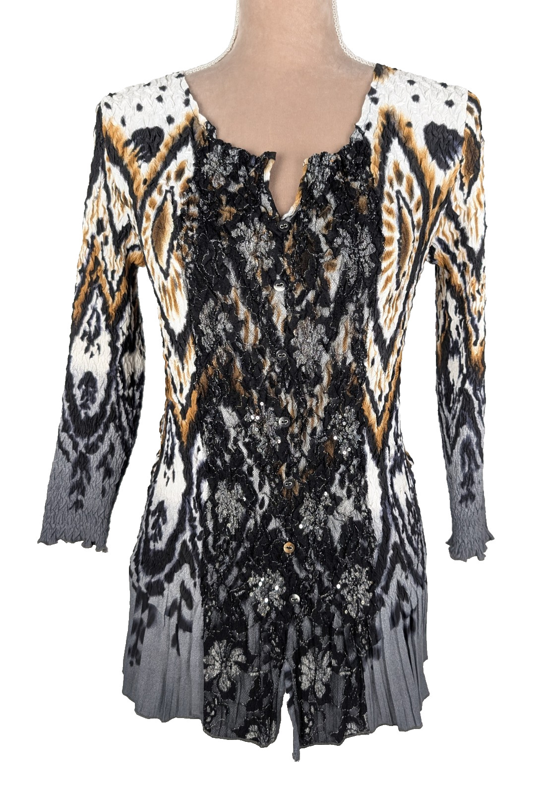 Alberto Makali Crinkle Blouse Top Ikat Animal Print Lace Sz L Retro Art