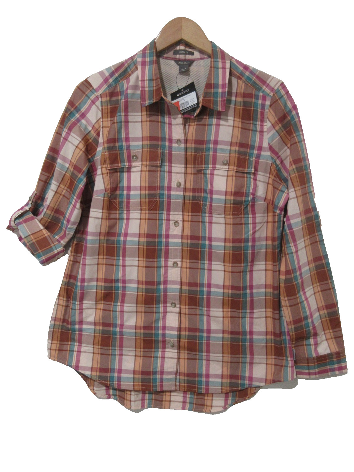 NWT Sz M Eddie Bauer Ourdoor Shirt Brown Plaid Nylon/Poly Womens Easy Care Camp