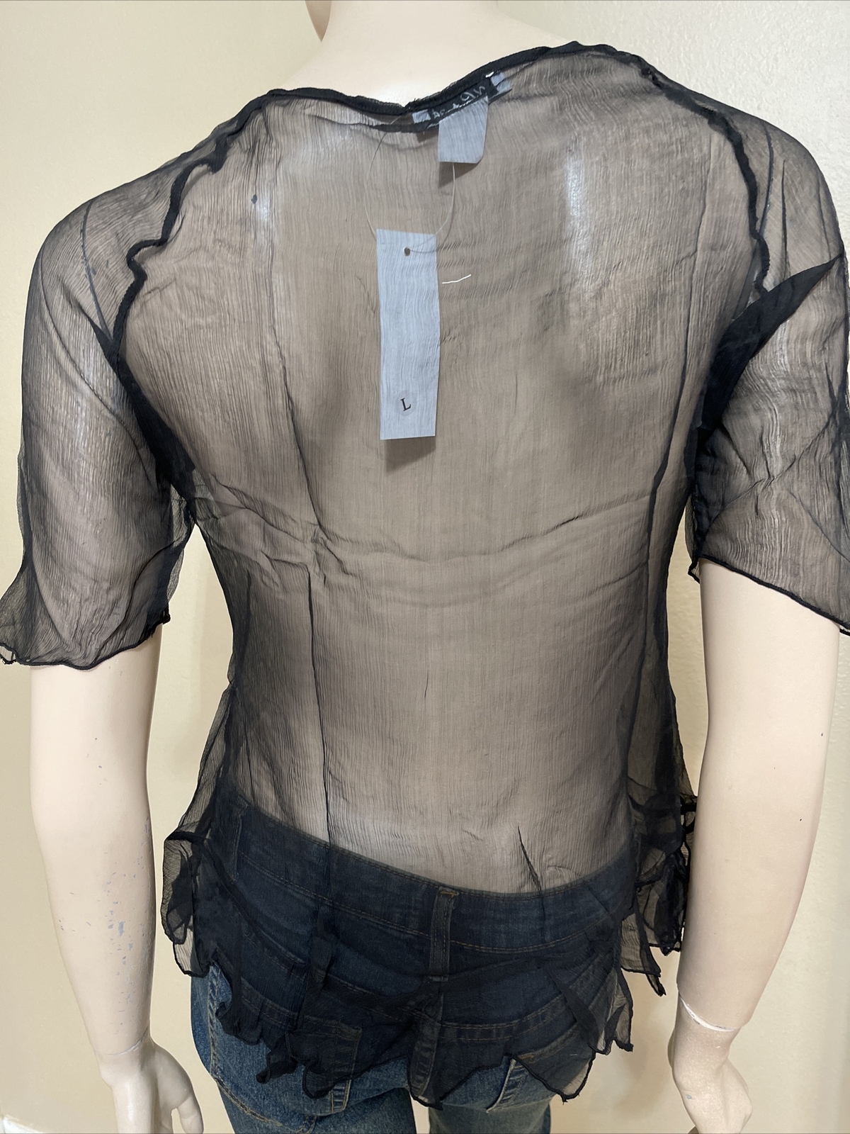 Women’s Black Silk Casual Summer Sheer Beaded Embroidered Lace Size L Blouse Top