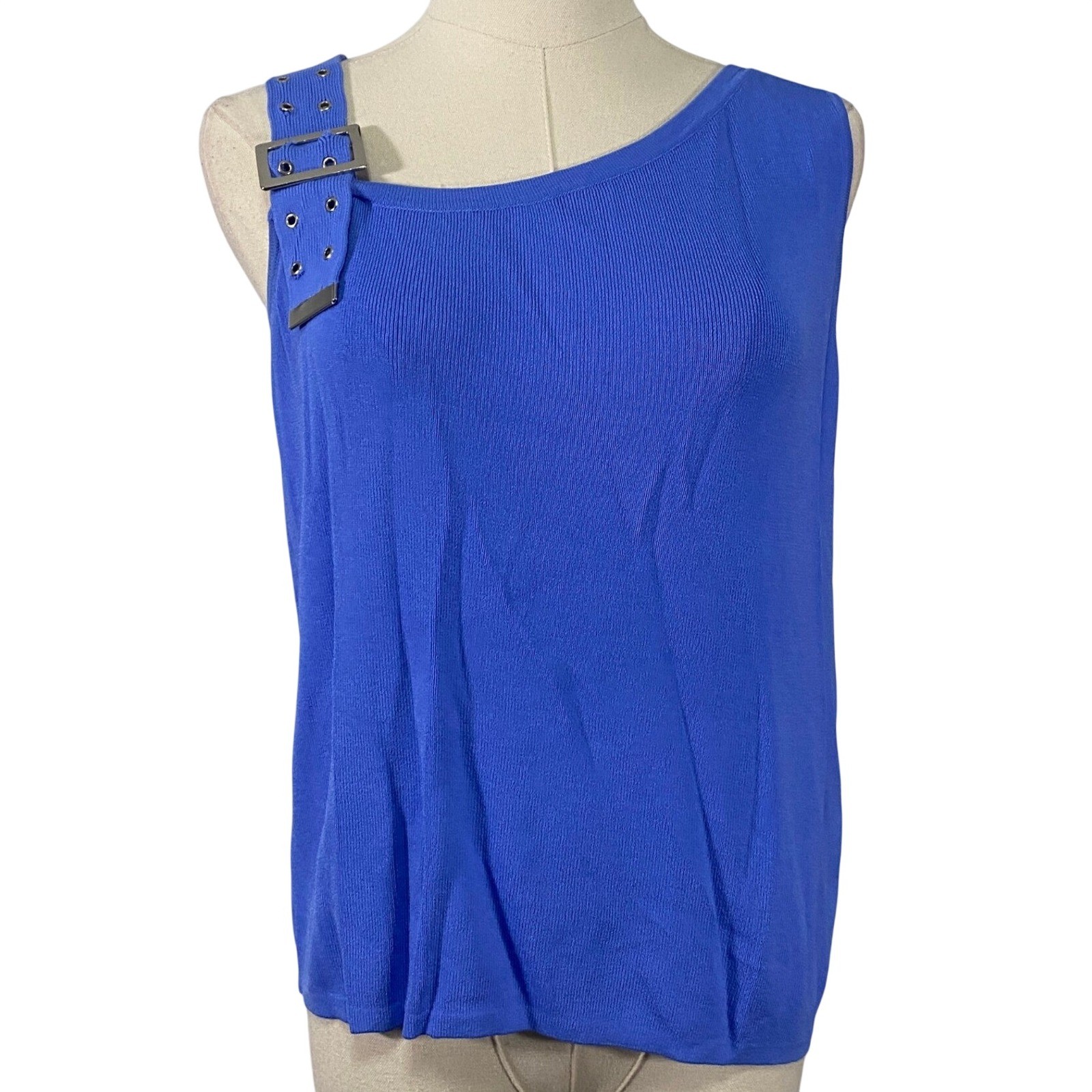 Vintage 90s Joseph A Large Cobalt Blue Ribbed Asymmetrical Buckle Strap Tank Top