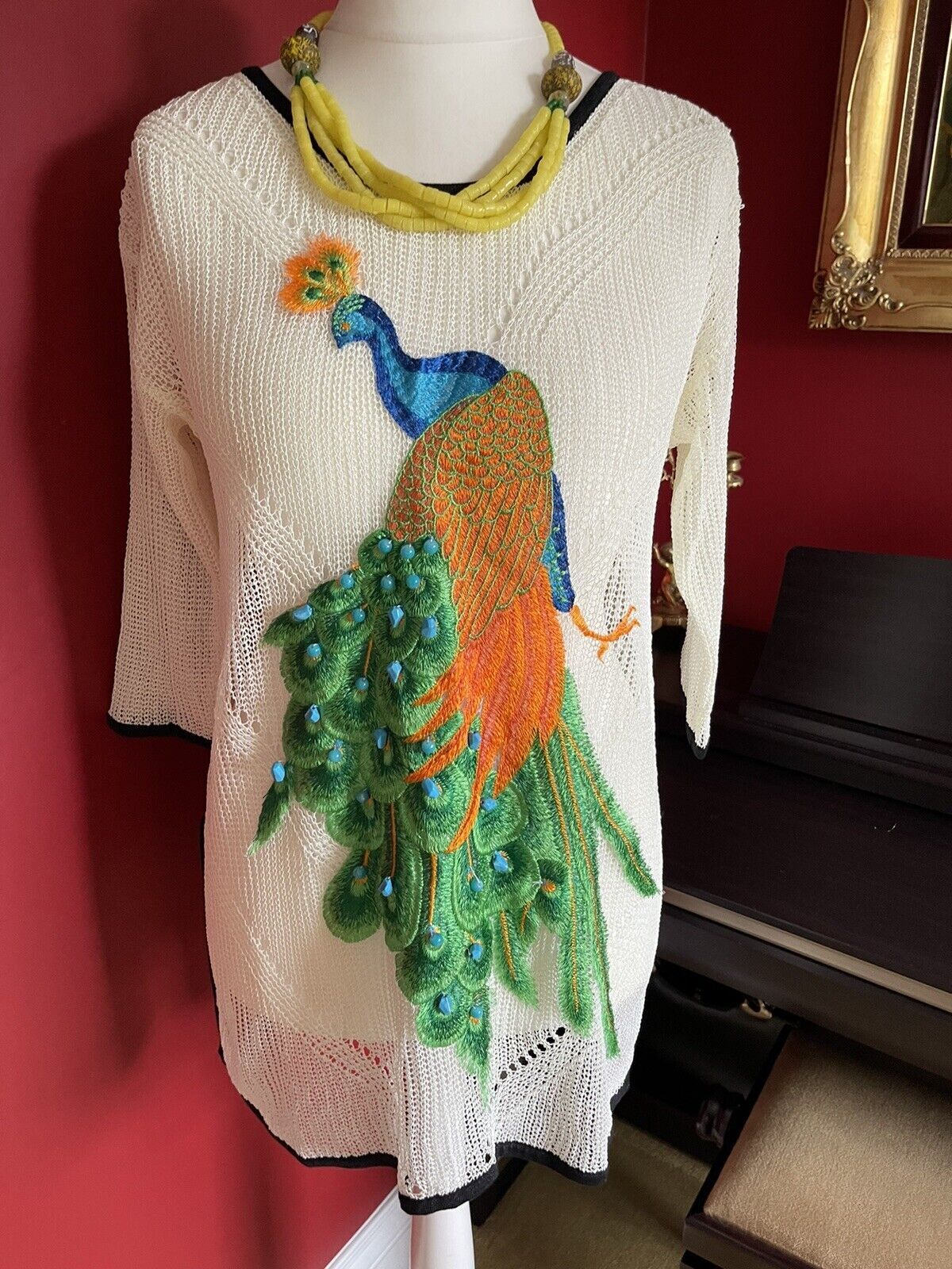 DooYue Peacock Appliqué Beaded sequin lace colourful sheer croshet tunic top M