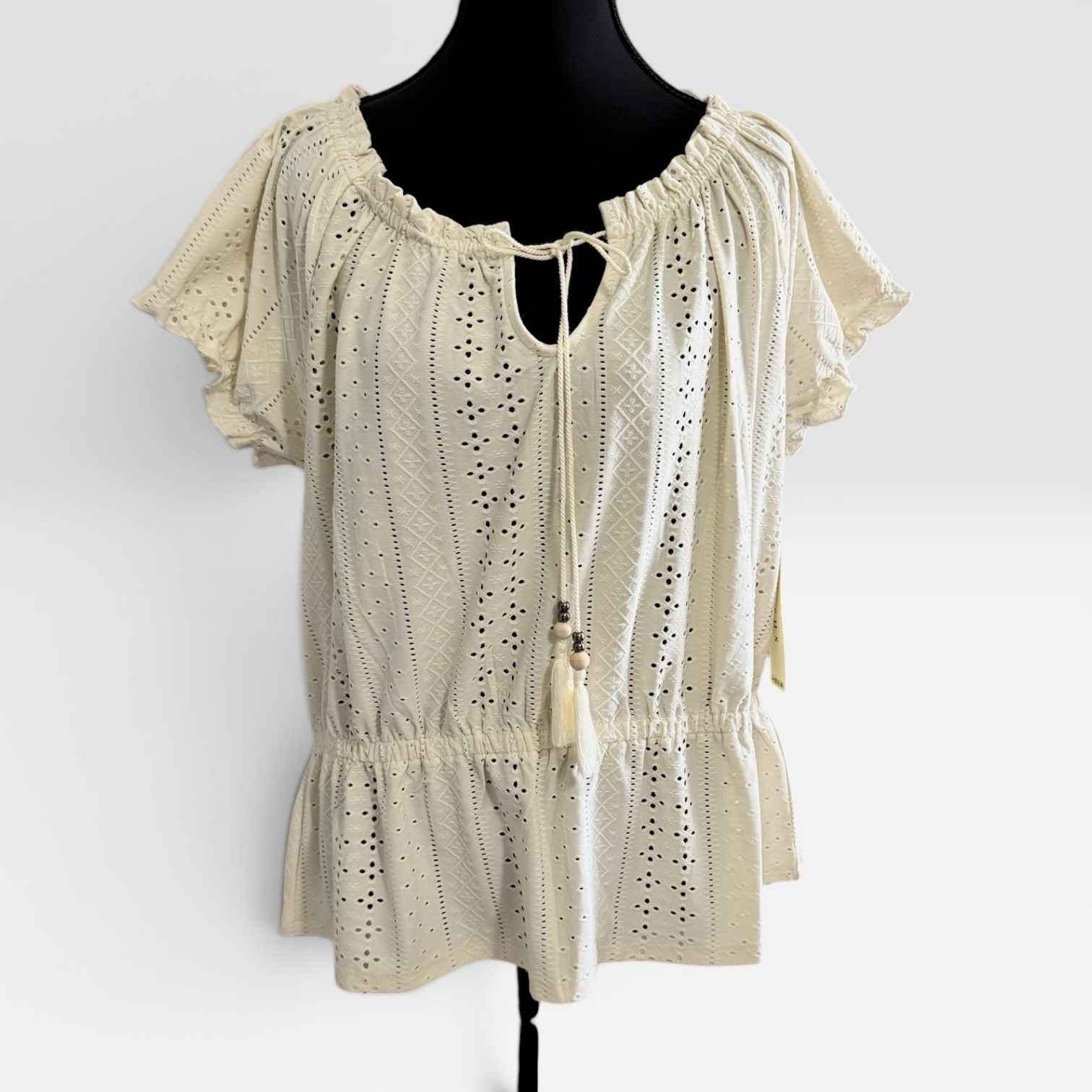 Cyrus NWT Ivory Eyelet Embroidered Peplum Top Tassel Tie Boho Medium