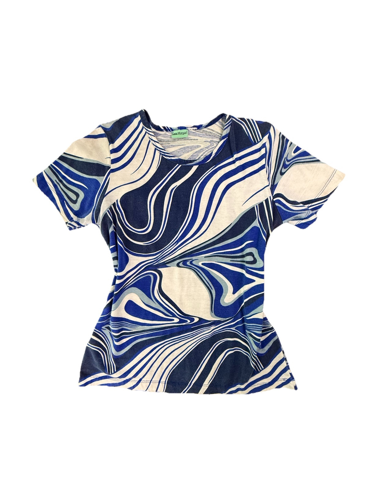 SARA MORGAN BLUE WHITE SWIRL PRINT TOP SHIRT, CHEST 38 IN, LENGTH 24 IN