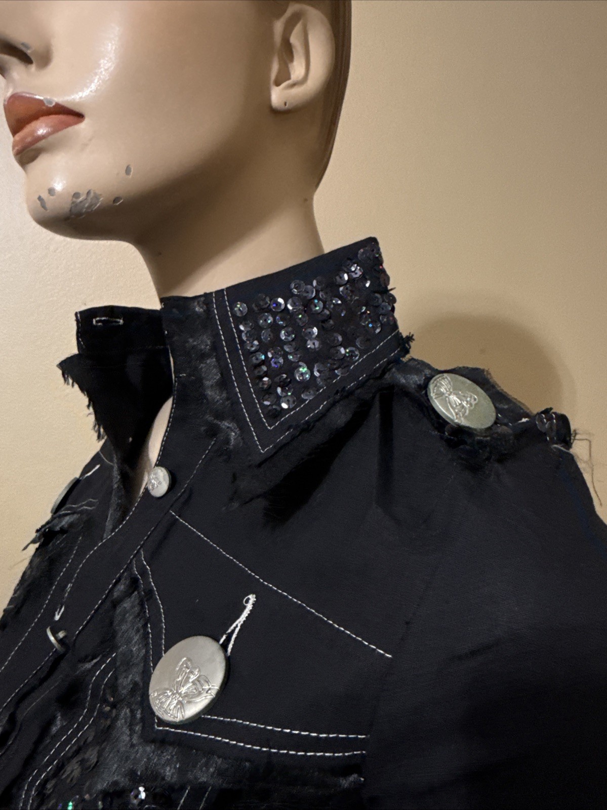 Women’s Black Rayon Casual Stretch Slim Beads Collar Size L Button-up Blouse Top